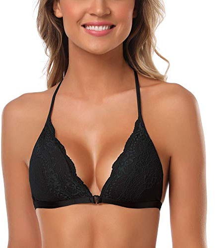 SHEKINI Spitzen BH Damen ohne Bügel Gepolstert Bügelloser BH Verschluss Vorne Neckholder Racerback Bustier Triangel Bralette Spitze Unterwäsch