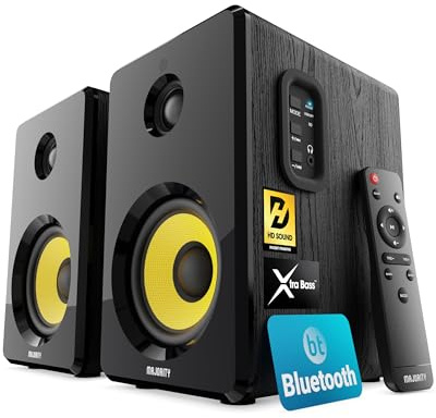 MAJORITY D40X Aktiv Regallautsprecher | 70W 2.0 Gelber Kevlar-Kegel Monitor Lautsprecher | Studio Monitor mit Bluetooth | Bookshelf HiFi Speakers mit Optische, USB AUX & Inklusive Fernbedienung
