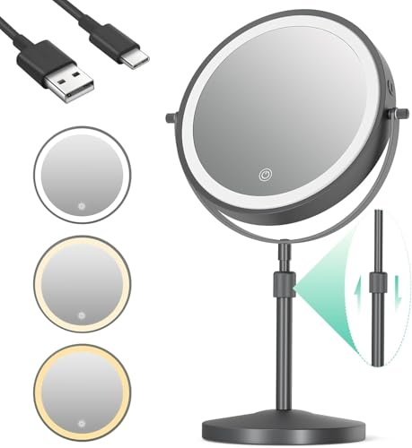 iklestar Schminkspiegel mit Beleuchtung, 1X/10X Kosmetikspiegel mit Vergrößerung, 20,3 cm Höhenverstellbarer Vergrößerungsspiegel mit Licht, 360° Drehung Make up Spiegel, Schwarz
