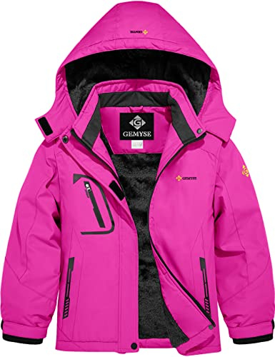 GEMYSE Mädchen Skijacke wasserdicht Winterjacke winddicht Fleece Schneeanzug warm mit Kapuze für Outdoor(Rosenrot,116-122)