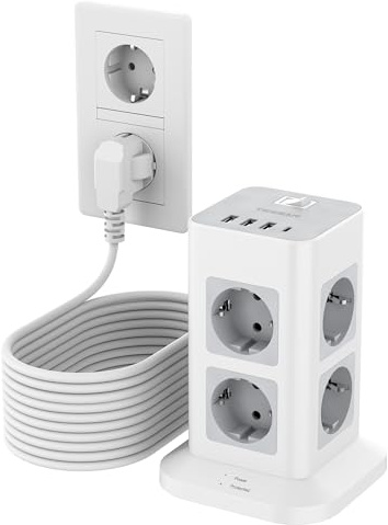 TESSAN 8 Fach Mehrfachsteckdose mit USB C, Verlängerungskabel 10 Meter mit 4 USB und Steckdosenleiste Überspannungsschutz, 3600W Steckdosenturm mit Schalter, Steckdosenwürfel für Büro, Grau