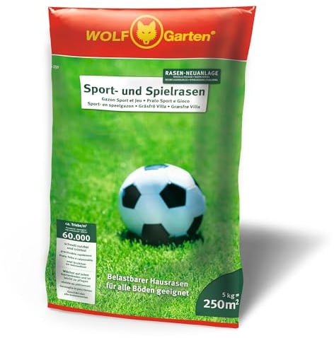 WOLF-Garten Sport- & Spielrasen LG 250 (für 250 m², schnell nutzbar & trittfest, strapazierfähiger Rasen für Sport- & Spielplätze, Hausgarten, für alle Bodenarten geeignet, im 5 kg Beutel) 3825030