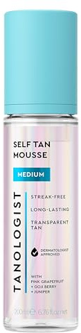 Tanologist Selbstbräuner-Mousse. Medium (200 ml) Klarer Selbstbräunungsschaum für empfindliche Haut; dermatologisch geprüfte, saubere und vegane Inhaltsstoffe
