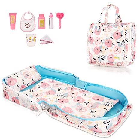 HappyVk - Puppenbett mit Puppenzubehör -Tragbarer Puppenstubenwagen -Rosen | Lässt sich von einer stylischen Spielzeughandtasche in ein gemütliches Puppenbett verwandeln – perfekt für unterwegs
