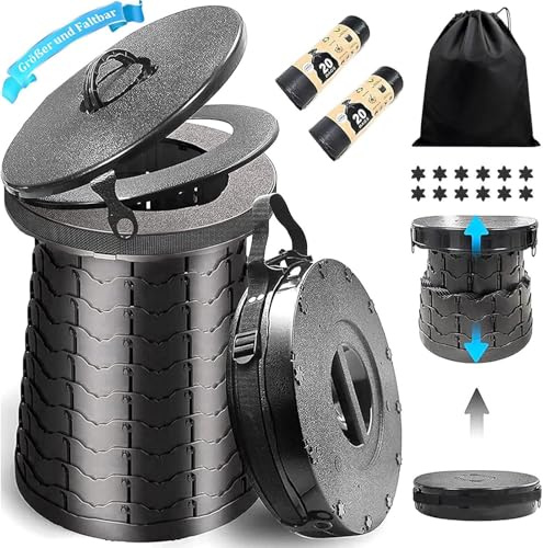 XIUWOUG Campingtoilette Faltbar | Trockentoilette Maximalbelastung 300 Kg | Kompakt Mobile Toilet Φ 38 cm | Camping WC Höhe 8 bis 50 cm | Campingklo Blackout Festivals Garten Reisetoilette