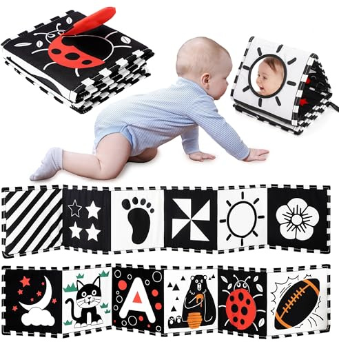 URMYWO Kontrastbuch Baby, Schwarz Weiß Doppelseitig babyStoffbuch, Soft Bilderbuch aus Stoff mit Spiegeln, Kinderwagen Kontrast Spielzeug Baby 0 3 6 Monate Geschenk für Babys