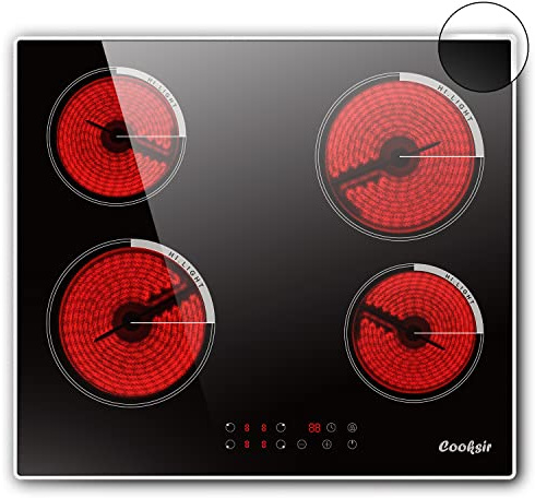 Cooksir Glaskeramikkochfeld 4 Platten mit Rahmen, 60cm Einbau Kochfeld | Autark Herdplatte 4 Kochfelder, 6000 Watt, 9 Leistungsstufen, Edelstahlrahmen, Sicherheitsschloss, 220v, Kein Stecker