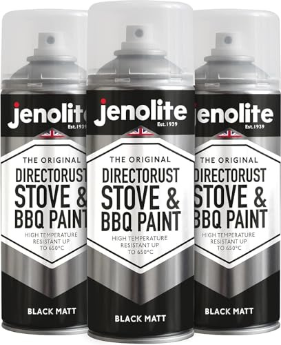 JENOLITE Directorust Grill & Ofen Sprühfarbe - Schwarz Matt | 3x400ml I Hitzebeständiger Lack I Hochtemperatur Lack bis 650°C I Grill Spray, Ofenlack, Kaminlack, Grillkamin Farbe, Auspufflack & mehr