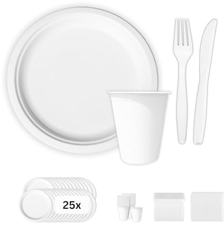 Linario® Einweggeschirr Set aus Zuckerrohr und Maisstärke - je 25 Gabeln, Messer, Teller und Becher