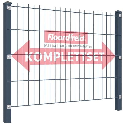 Floordirekt Doppelstabmattenzaun Limes aus Stahl in Anthrazit – stabiles Zaunset in 120 cm Höhe – inkl. Pfosten & Doppelstabmatten, pulverbeschichtet - 2 m (1 x Zaunmatte - 2 x Pfosten)