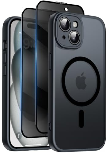 Qasyfanc für iPhone 15 Hülle mit Mag Safe mit 2 Stück Sichtschutz Schutzfolie Magnetisch Handyhülle Matt Hard PC Kratzfest Stoßfest Transluzente Schutzhülle - Schwarz