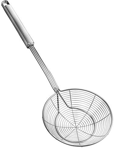 Spinnennetz-Schöpflöffel aus Edelstahl, Kochabschäumer, Schaumlöffel, Siebkelle, Küchenkelle aus Drahtnetz mit Griff für das tägliche Fritieren, Dünsten und Schöpfen. Durchmesser: 14 cm