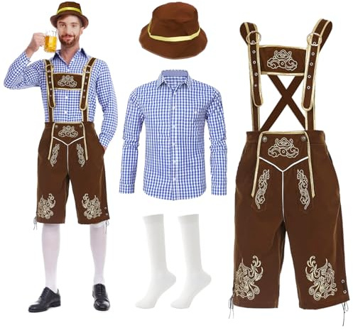 Zinueen Oktoberfest Herren Outfit, Lederhose Herren Tracht Set, Enthält Oktoberfest Hemd Männer, Trachtenlederhose mit Trägern, Socken und Hut, Bayrische Tracht Männer für Cosplay Party Karneval, L