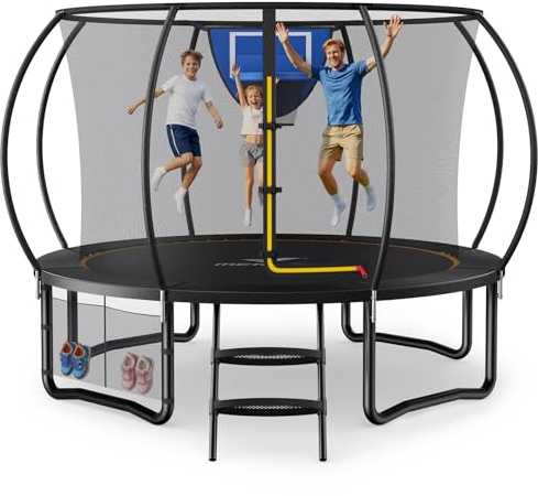 MERACH Trampolin Outdoor 305cm/366cm/427cm/488cm, Trampolin Sicherheitsnetz und Basketball, MaxLoad 150KG Bodentrampolin Outdoor Gartentrampolin