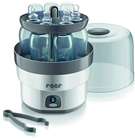 reer Vapomax Vaporisator | Babyflaschen Sterilisator, Dampfsterilisator für bis zu 6 Flaschen, Desinfektion von Babyfläschchen, Schnullern, Beißringen und Zubehör in nur 10 Minuten, ohne Chemikalien