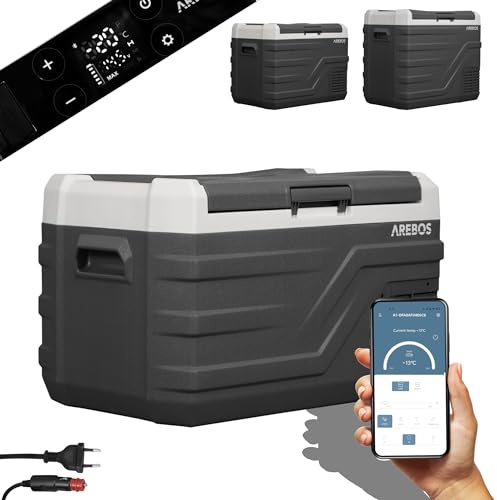 Arebos Kompressor Kühlbox 26 Liter | Elektrische Gefrierbox mit APP & Smart-Steuerung | Mobile Kühltruhe mit USB-Anschluss | bis -20 °C | 12/24 V 230V | für Auto,LKW,Camping,Boot,Wohnmobil