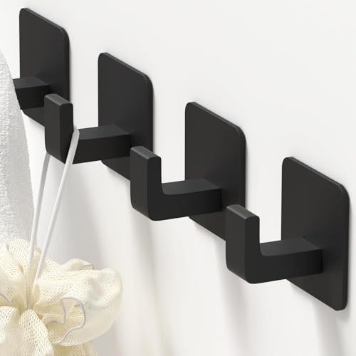 GWAAZXGZ Schwarze Handtuchhaken, Selbstklebend (4 Stück) | Aluminium, Rostbeständig, Modernes Design, Platzsparend, Für glatte Flächen
