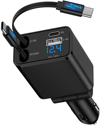 4 in 1 Zigarettenanzünder USB C, Einziehbares Auto Ladegerät 12V USB Adapter Kfz Schnellladegerät mit USB C Ladekabel für Samsung Galaxy S26 Ultra S25 S24 S23 S22 A56 A55 A36 A17 A16, iPhone 17 16 15