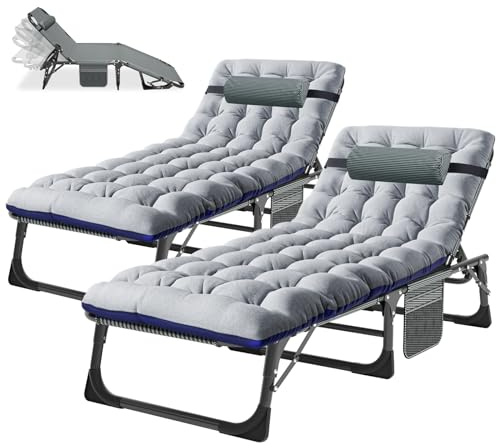 Ryuhic 2er Set Sonnenliege Klappbar Gartenliege Liegestuhl mit Matratze | 200kg Belastbar Strandliege mit Seitentasche und Kopfstütze, Verstellbare Campingliege für Balkon, Garten, Strand