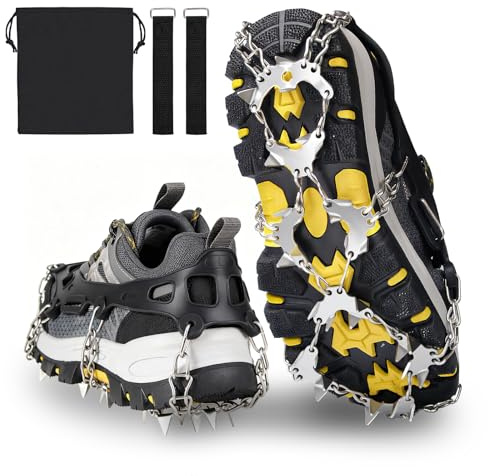 Grödel Steigeisen für Bergschuhe-Steigeisen für Wanderschuhe mit 32 Edelstahl Spikes, Spikes für Schuhe Winter, Grödel für Wanderschuhe, Schuhspike für Walking, Joggen, Klettern, Wandern (Schwarz, L)