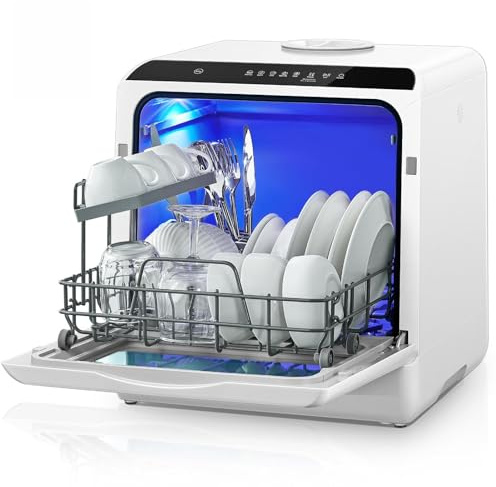 FOHERE Mini Spülmaschine mit 5L Tank, Timer-Funktion, 2-in-1 water supply, 6 Programme, LED-Display, Tischgeschirrspüler & Mini Geschirrspüler für Küche, Camping and Wohnmobil（43x 43 x 46)