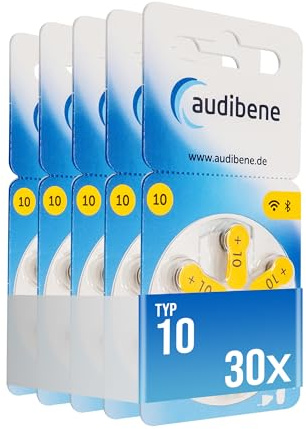 audibene Hörgerätebatterien Typ 10 gelb, Batterien für Hörgeräte 30 Stück Vorratspack, Made in Germany, Wireless Approved, quecksilberfrei