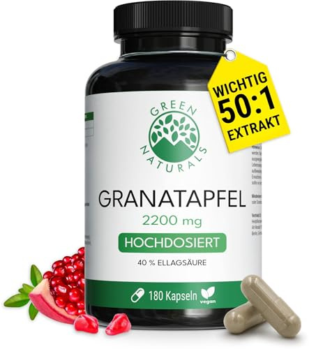 Green Naturals® Granatapfel Kapseln - Hochdosiert: 50:1 Extrakt (=110.000mg) je Tagesdosis mit 40% Ellagsäure - Polyphenole - Deutsche Herstellung - 100% Vegan & Ohne Zusätze - Vorrat für 2 Monate