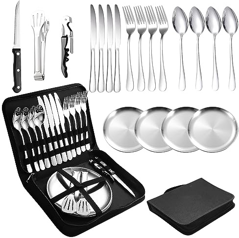 Campingbesteck Set für 4 Personen - Edelstahl Camping Geschirr Set für Outdoor, Picknick und Reisen - mit Edelstahl Messer, Gabel, Löffel und Teller, Tragbares Besteck Inklusive Bestecktasche