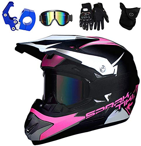 PKFG® Motocross Helm Kinder Pink, Offroad Motorradhelm mit Visier Brille Handschuhe Maske und Helmhaken, Mädchen Motorrad Cross Enduro Helm für Mountainbike MTB Moped Kopf Schutz, S (52~53CM)