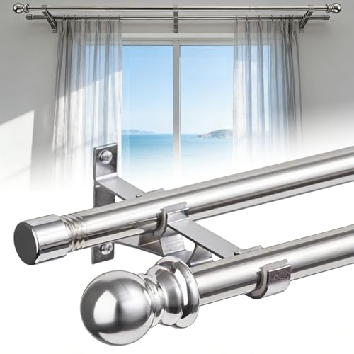 Doppelte Gardinenstangen, 2,5 cm schwere doppelte Fensterstangen, 76–218 cm verstellbare Gardinenstangen für Glasschiebetüren, Terrassen, Schlafzimmer, silber