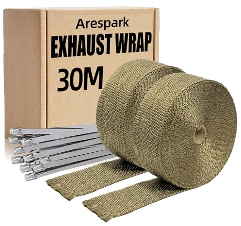 Hitzeschutzband 30M,Arespark 2 Bände 15M Auspuff Hitzeschutzband aus Basaltfaser, Golden Auspuffband mit 24 Edelstahl Kabelbinder, für Auspuffkrümmer von Motorrädern und Autos
