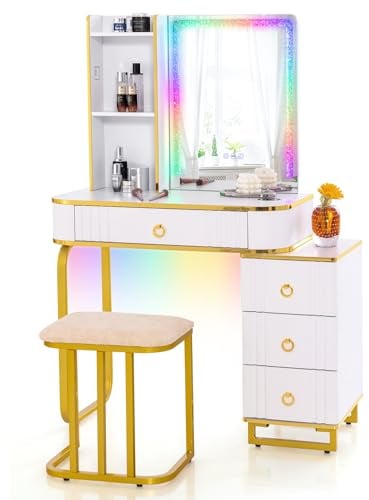 RELAX4LIFE Schminktisch mit Gepolstertem Hocker, Kosmetiktisch mit 7 farbigen LED-Beleuchtungen, Frisiertisch mit USB/Type C/Kabellosem Laden, Frisierkommode mit 4 Schubladen 3 Regalen (Weiß)