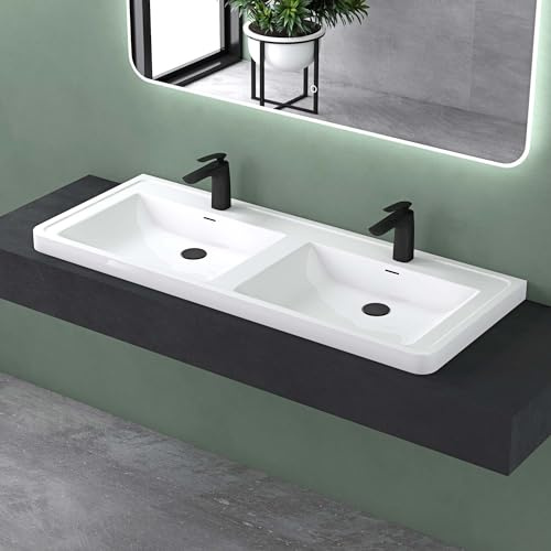 Mai & Mai Waschbecken Doppelwaschbecken Einbauwaschbecken 120cm Rechteckige aus Mineralguss Weiß glänzend mit Überlauf Colossum08