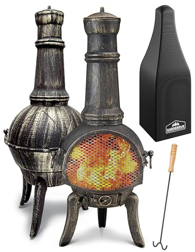 GARDEBRUK® Terrassenofen Gusseisen 28kg Funkenschutz Abdeckung Schürhaken 112cm Gross Feuerstelle Feuerkorb Garten Terrasse Holz Ofen Kamin Outdoor