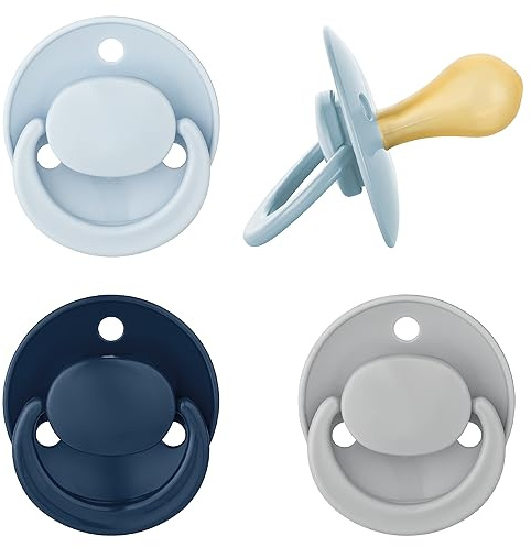 babynova Latex Baby Schnuller 4er-Set mit Kirschform – Für Babys von 6-24 Monate - Nuckel aus Naturkautschuk – BPA-frei – Made in Germany - Blau & Grau