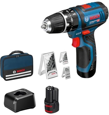 Bosch Professional 12V System Akku Schlagbohrschrauber GSB 12V-15 (Bohr-Ø Holz max: 19 mm, inkl. 2x 2.0Ah Akku + Ladegerät, 2x Bohrer-Set, 1x Bit-Set, Werkzeugtasche) - Amazon Exclusive