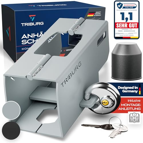 TRIBURG Anhängerschloss inkl. Rundschloss | Achtung: für Kupplungen bis max. 7cm Höhe x 9cm Breite | Sicherung für an/abgekuppelte Anhänger - Deichselschloss Rostfrei [Versicherungskonform]