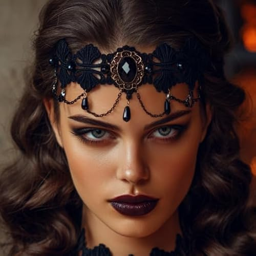 Fashband Gothic-Stirnband, schwarz, Strass, Spitze, Stirnbänder, Perlen, Halloween-Kopfschmuck für Damen