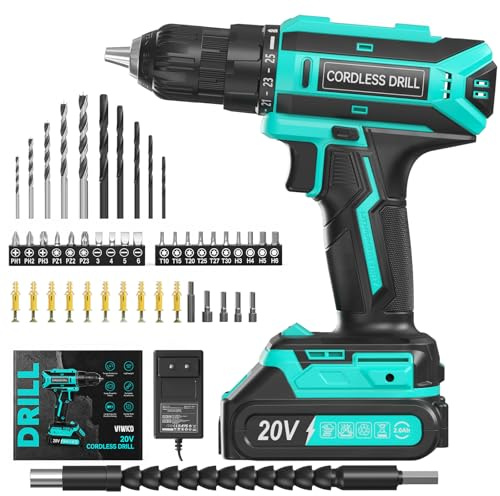 Akkuschrauber, 20V Akku Bohrschrauber, 25+1 Drehmomentstufen Akkubohrer, kompatibel mit Makita 18V Akku, 42Nm Max Drehmoment, LED-Licht, 56 tlg Zubehör Akkuschrauber Set für Reparatur & DIY Cyan