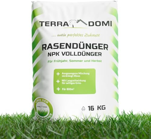 TerraDomi Rasendünger Frühjahr & Sommer 16kg NPK 15-15-15 I Volldünger mit Langzeitwirkung I verdrängt Moos I für über 800 m² Rasen I streuwagengeeigneter Dünger | staubarm & mit extra Schwefel