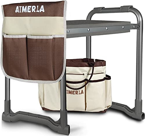 Aimerla Faltbarer Garten-Kniesitz, strapazierfähig, erweiterte dicke Kniepolsterung, Gartenhocker mit großen Gartenwerkzeugtaschen mit Taschen, tragbare Gartenbank, Gartengeschenke für Eltern
