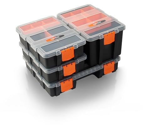 KENDO Sortimentskasten Set – 4-teilig – 49x Fächer – Werkzeugkasten – Für Kleinteile und Werkzeug