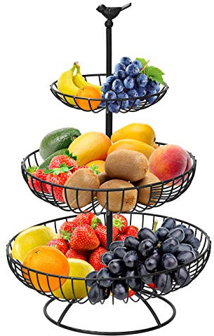 Hossejoy Obstkorb, 3 Stöckig Obstkorb für Mehr Platz auf der Arbeitsplatte, Obstschale & Snack-Verkaufsständer, Perfekt für Obst, Gemüse, Snacks, Haushaltsgegenstände (Schwarz)