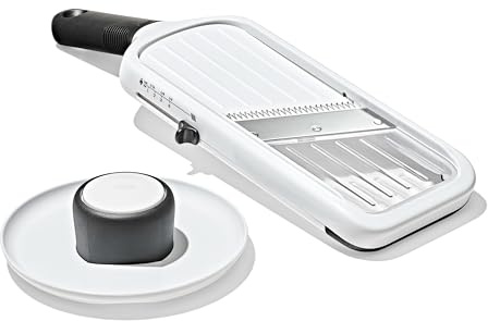 OXO Good Grips Präzisions-Hand-Gemüsehobel - Kompaktes einstellbares Schneidgerät mit 5 Klingeneinstellungen für Juliennes und Scheiben - Rutschfester Griff - Spülmaschinenfest - Einfache Lagerung