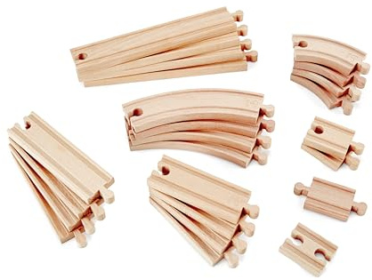 Hape Eisenbahnwelt Großes Schienenausbauset - Holzeisenbahn Zubehör für Kinder, Erweiterungsset mit Gleisen, Kompatibel mit gängigen Holzschienen, Kurven, Weichen, 24 Teile, für Kinder ab 3 Jahren