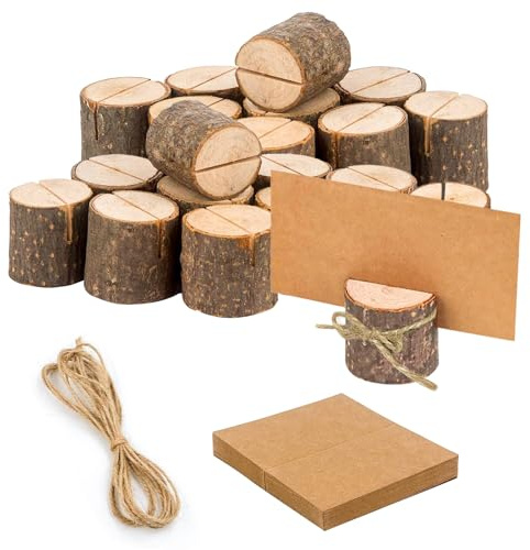 25 Stück Tischkartenhalter mit Karte aus Kraftpapier, Menükartenhalter mit 5M Schnur - Fotohalter aus Holz für Hochzeit, Party