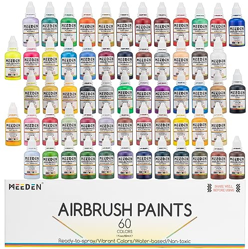 MEEDEN Airbrush Farbe, Airbrush Farbset 30mlx 60 Farben, deckende und durchscheinende Farben, auf Wasserbasis, Premium-Airbrush-Farbset für Anfänger, Hobbyisten und Künstler