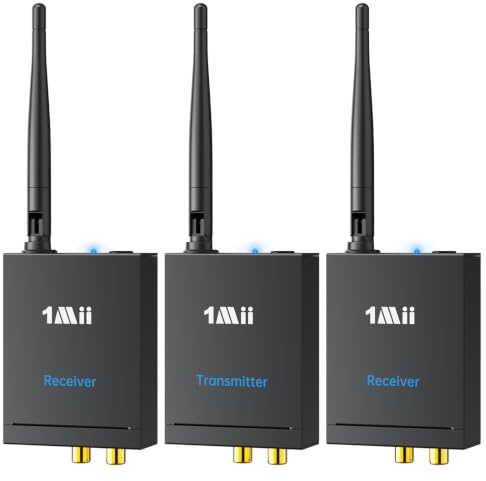 1Mii (1 TX + 2 RX) Drahtlos Audio Sender Empfänger, 2,4 GHz Funkübertragung | Niedrige Verzögerung, 100m Großer Reichweite von TV/PC zu Aktivlautsprecher/Verstärker/AV-Receiver, Cinch-Ausgang/-Eingang