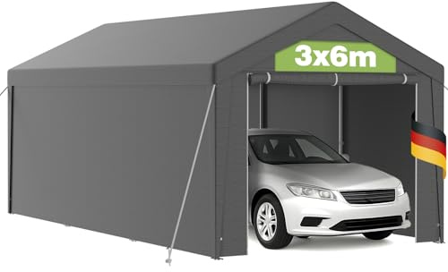Pavillon Carport 3x6m mit UV-beständiger PE Plane, wasserdichtem Dach, Stabiler Stahlrohrkonstruktion, Metallrahmen, Bodenrahmen, abnehmbaren Seitenwänden, Weidezelt, Garagenzelt, Lagerzelt, Grau