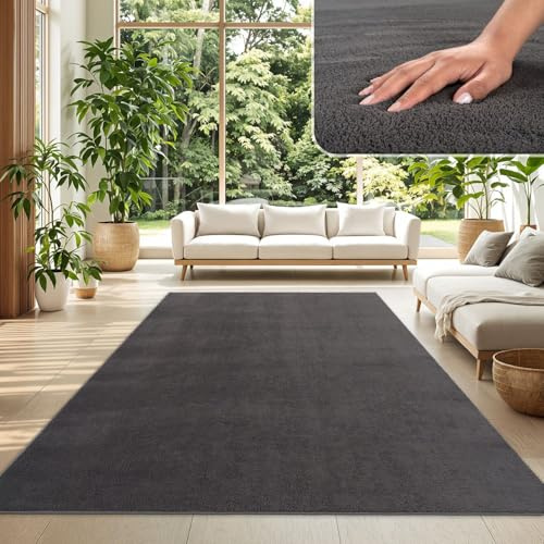 TT Home Teppich Wohnzimmer Anthrazit 140x200 cm, Waschbar & Kurzflor | Moderner Flauschiger Teppich, Pflegeleicht & Rutschfest, Ideal Für Wohnzimmer, Schlafzimmer, Kinderzimmer & Flur